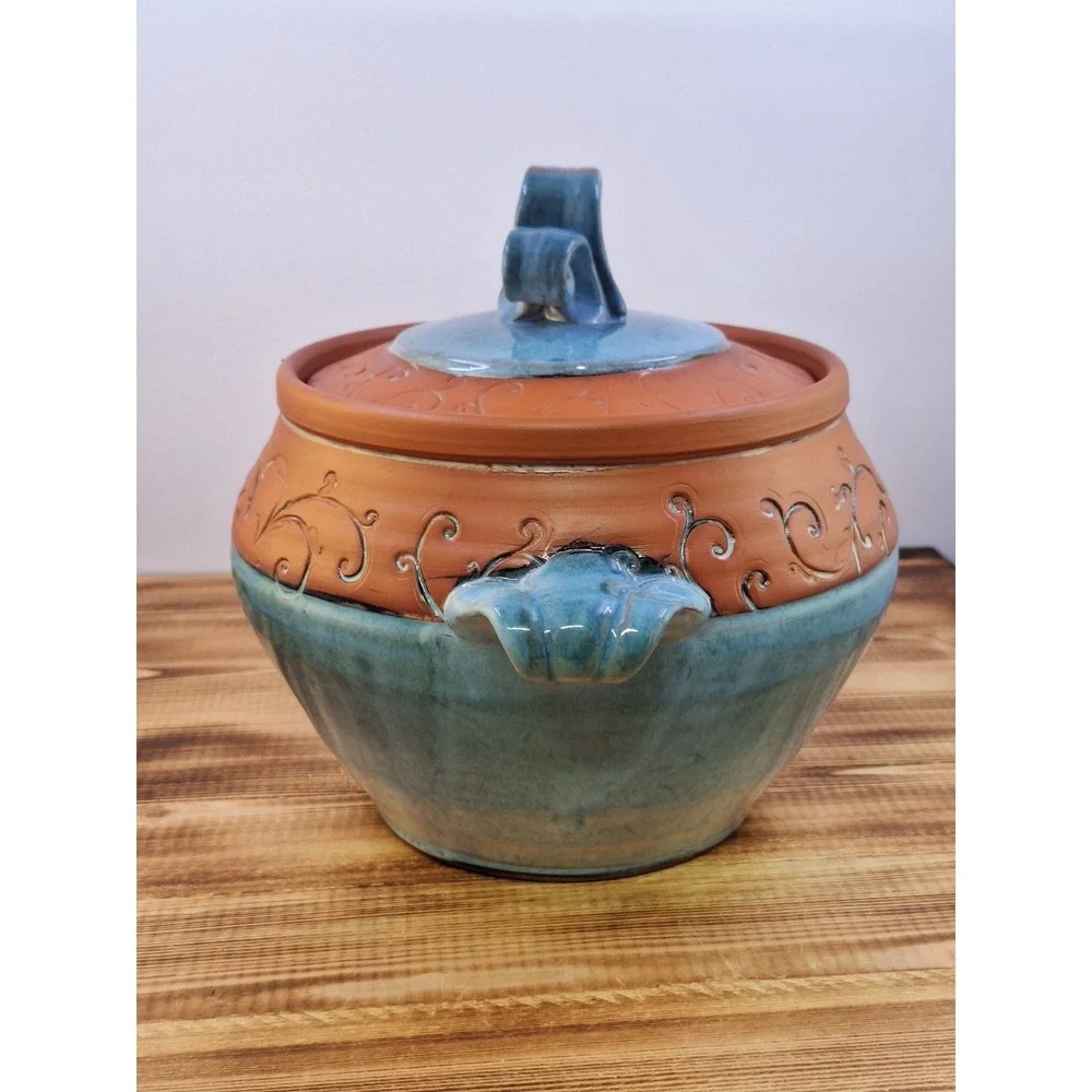 Wendy Summers Pottery Red Clay Bean Crock Pot Artisan Floral Blue Drip Glaze 5x6